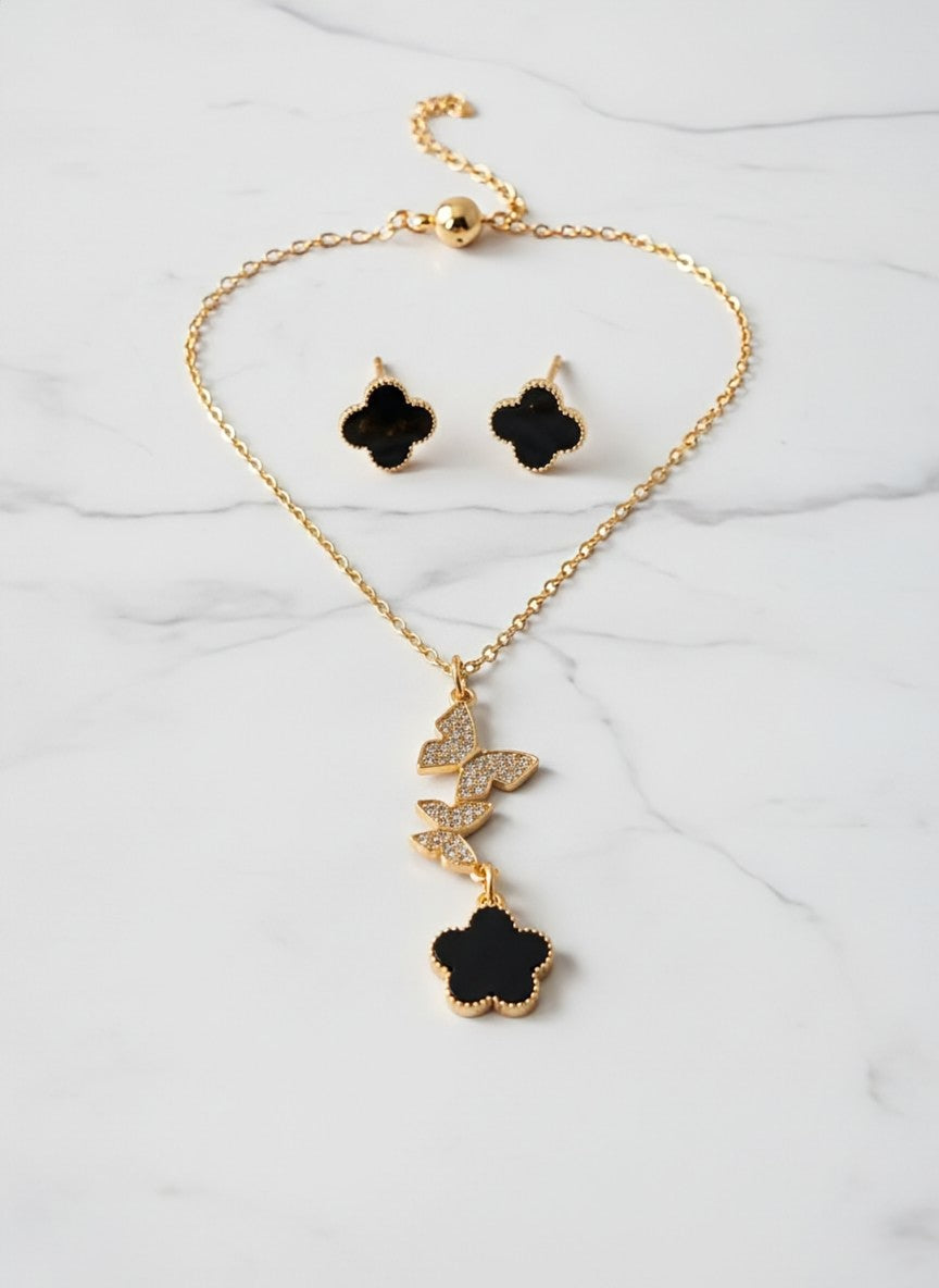 Black Leaf Clover Jewellery Set of Necklace and Earrings