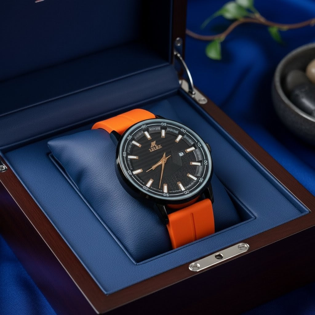 Rick Bold Orange Strap Men’s Watch – Black Dial & Magnetic Master Lock