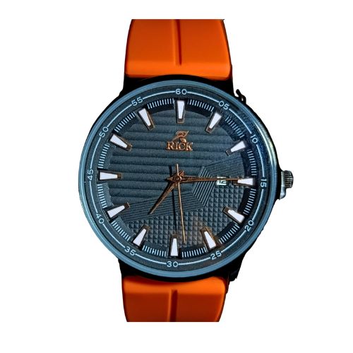 Rick men’s watch with bold orange strap, black dial, and magnetic master lock