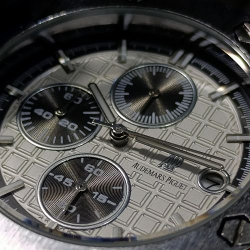 Royal Oak white dial chronograph watch with packaging box and accessories