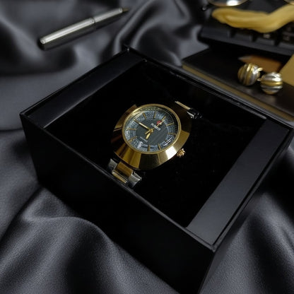 Rado DiaStar Gold Quartz Watch – Classic Black Dial with Stainless Steel Chain
