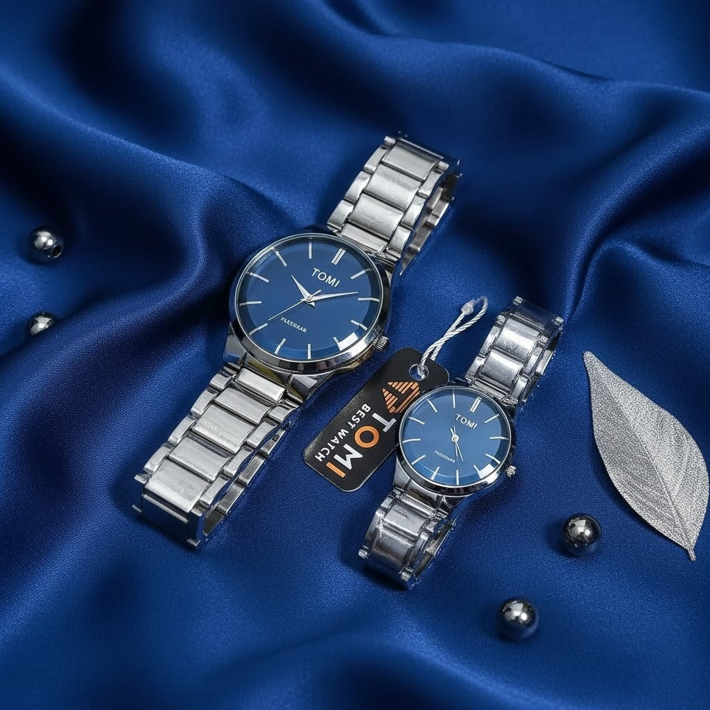 Tomi Couple Chain Watch Set – Stainless Steel Pair for Gifting (His & Hers) Blue Dial