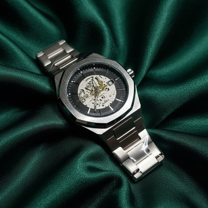 Rick Skeleton Dial Stainless Steel Watch – Brushed Octagonal Case & Date Display