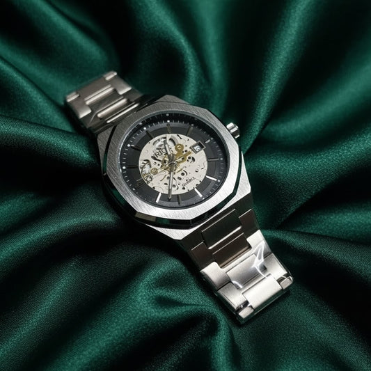 Rick Skeleton Dial Stainless Steel Watch – Brushed Octagonal Case & Date Display