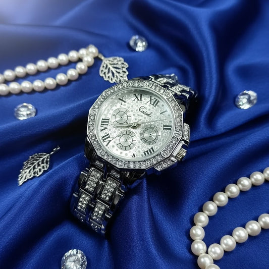 Elegant Diamond Women’s Watch – Roman Numeral Dial & Stainless Steel Strap