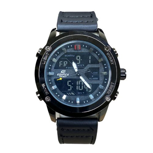 Casio Edifice-inspired black sport watch with hybrid analog and digital display
