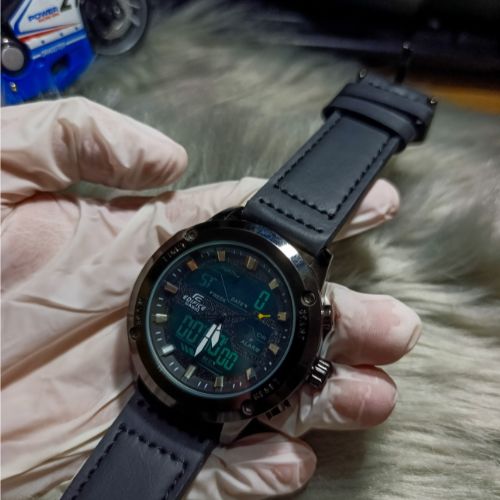 Casio Edifice-inspired black sport watch with complete packaging