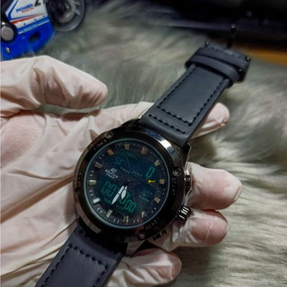 Casio Edifice-inspired black sport watch with complete packaging