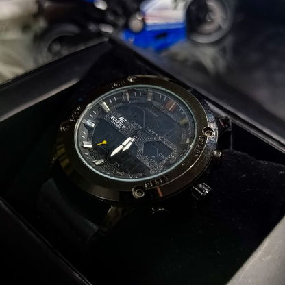 Side profile of Casio Edifice men’s sport watch case and buttons