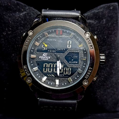 Casio Edifice men’s watch showing stopwatch function on digital display