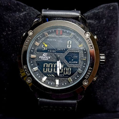 Casio Edifice men’s watch showing stopwatch function on digital display