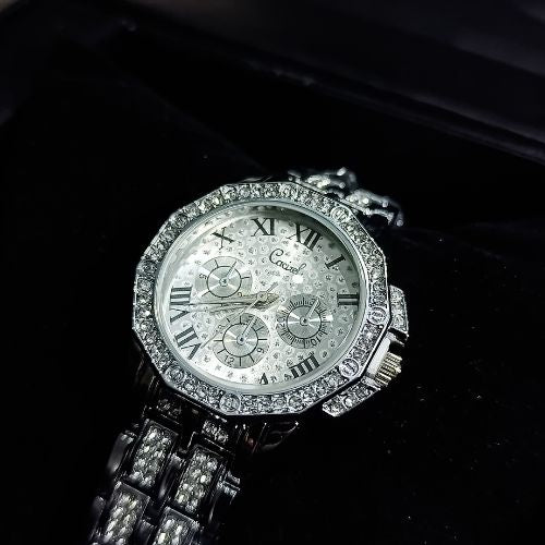 Elegant diamond-styled women’s watch with Roman numeral dial and steel strap