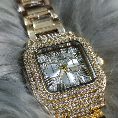Close-up of luxury full crystal dial on Mariga Carter women’s watch