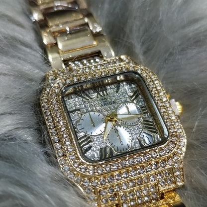 Close-up of luxury full crystal dial on Mariga Carter women’s watch