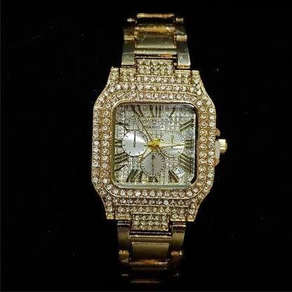 Side profile view showing sparkling iced out case of Mariga Carter watch