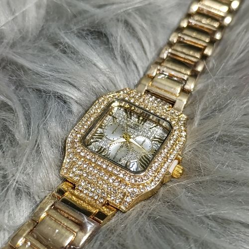 Full crystal iced out strap detail on Mariga Carter luxury women’s watch