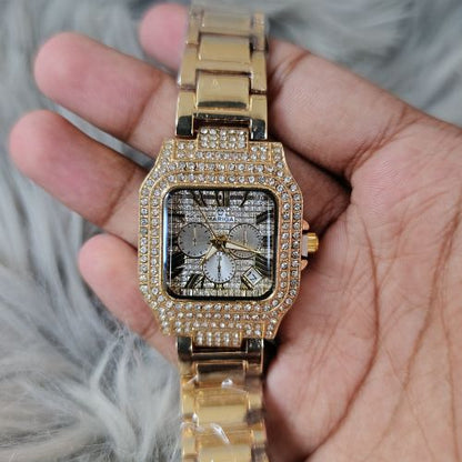 Elegant iced out Mariga Carter women’s watch worn for formal wear