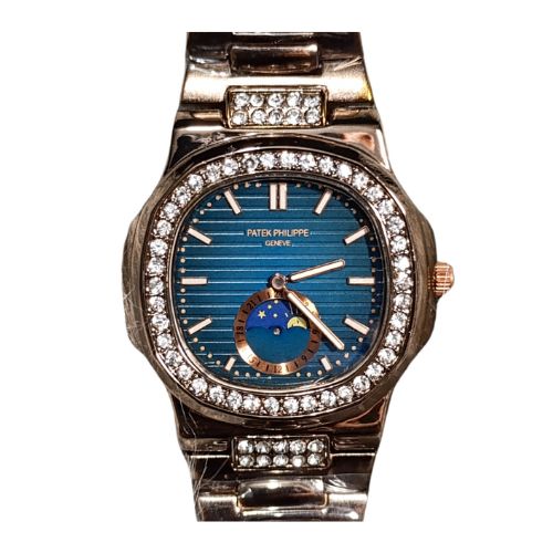 Luxury Patek Philippe Nautilus women’s watch in rose gold with diamond bezel, blue textured dial, and moonphase subdial.