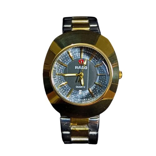 Luxury Rado DiaStar gold quartz watch with black dial, stainless steel bracelet, and precise quartz movement.