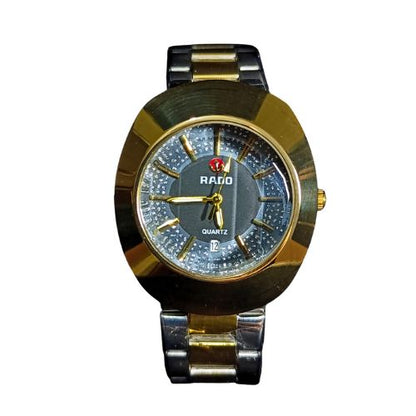 Luxury Rado DiaStar gold quartz watch with black dial, stainless steel bracelet, and precise quartz movement.