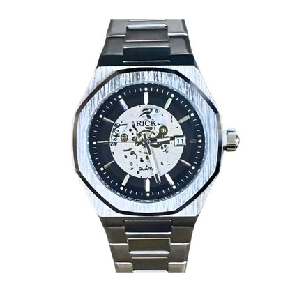 Front view of Rick Skeleton Stainless Steel Watch with brushed octagonal case and skeleton dial