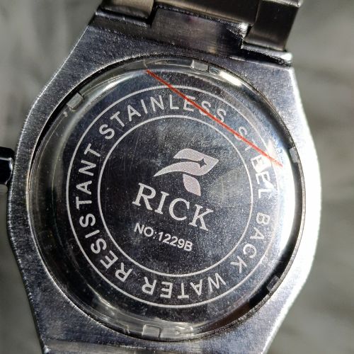 Rear view of Rick Skeleton Stainless Steel Watch showing case and bracelet