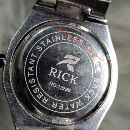Rear view of Rick Skeleton Stainless Steel Watch showing case and bracelet