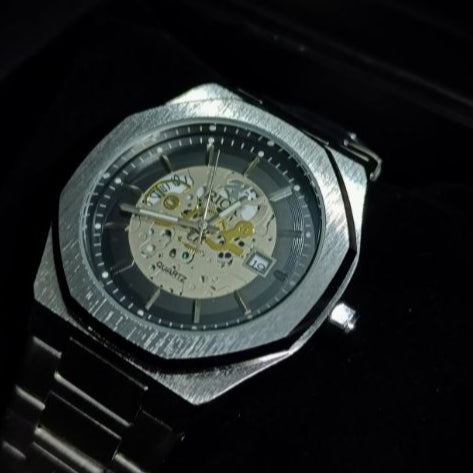 Functional date display on Rick Skeleton Stainless Steel Watch