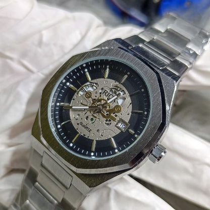 Rick Skeleton Stainless Steel Watch worn on wrist in lifestyle setting
