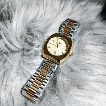 Side profile view of Rodd Classic Gold Dial Watch with gold & silver bracelet