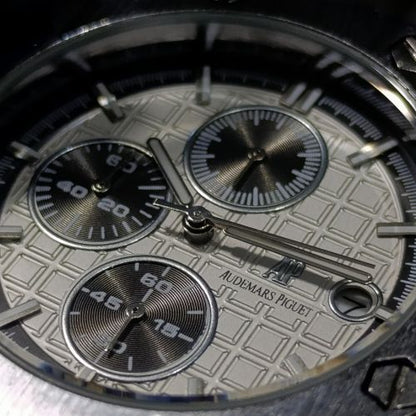 Royal Oak white dial chronograph watch with packaging box and accessories