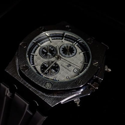 Side profile of Royal Oak white dial chronograph watch showing iconic octagonal bezel