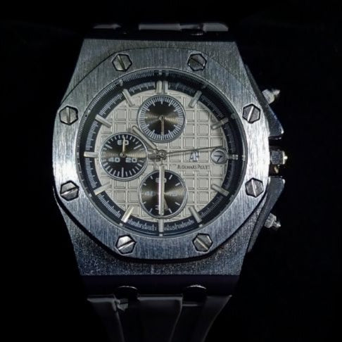 Audemars Piguet Royal Oak inspired white dial chronograph watch with grey bracelet