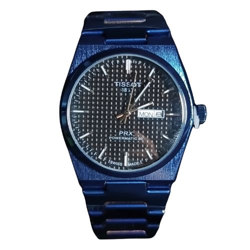 Front view of Tissot PRX 1853 all blue men’s watch with black textured dial in Pakistan