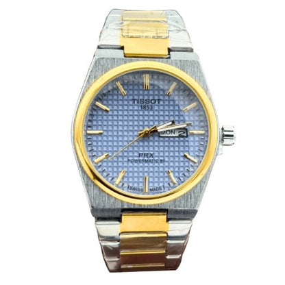 Front view of Tissot PRX 1853 Day & Date Steel Chain Watch with Swiss-inspired design